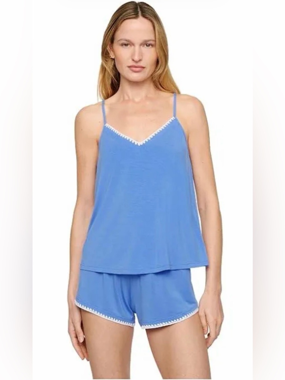 Eberjey Frida TENCEL Model Cami  & Shortie Set in Cornflower/White Size Medium